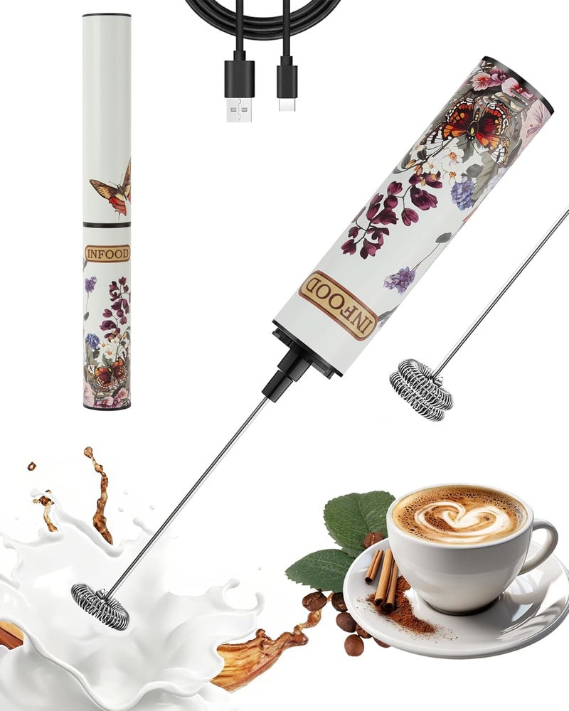 INFOOD Milk Frother Rechargeable with Cover - Coffee Frother Wand, Drink Mixer Handheld with 2 Detachable Stainless Whisks 2 Speed Adjustable for Latte, Cappuccino, Hot Chocolate, Egg, White Floral - Image 1